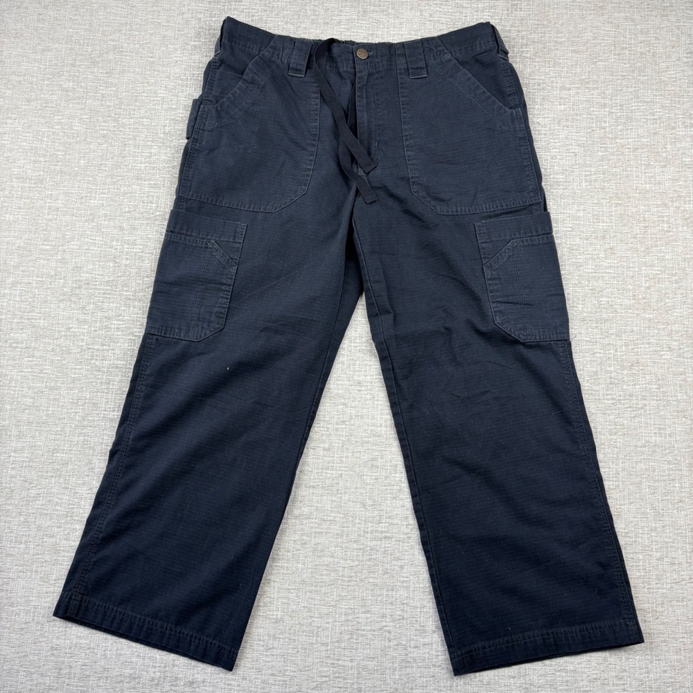 Carhartt Ripstop Cargo Pants Mens 34x26 Black Elastic Waist Drawstring Workwear